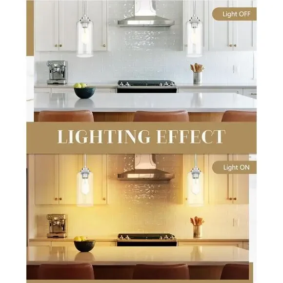 Pendant Light Fixture Brushed Nickel Clear Glass, Kitchen Dining Room Bedroom - Picture 3 of 7